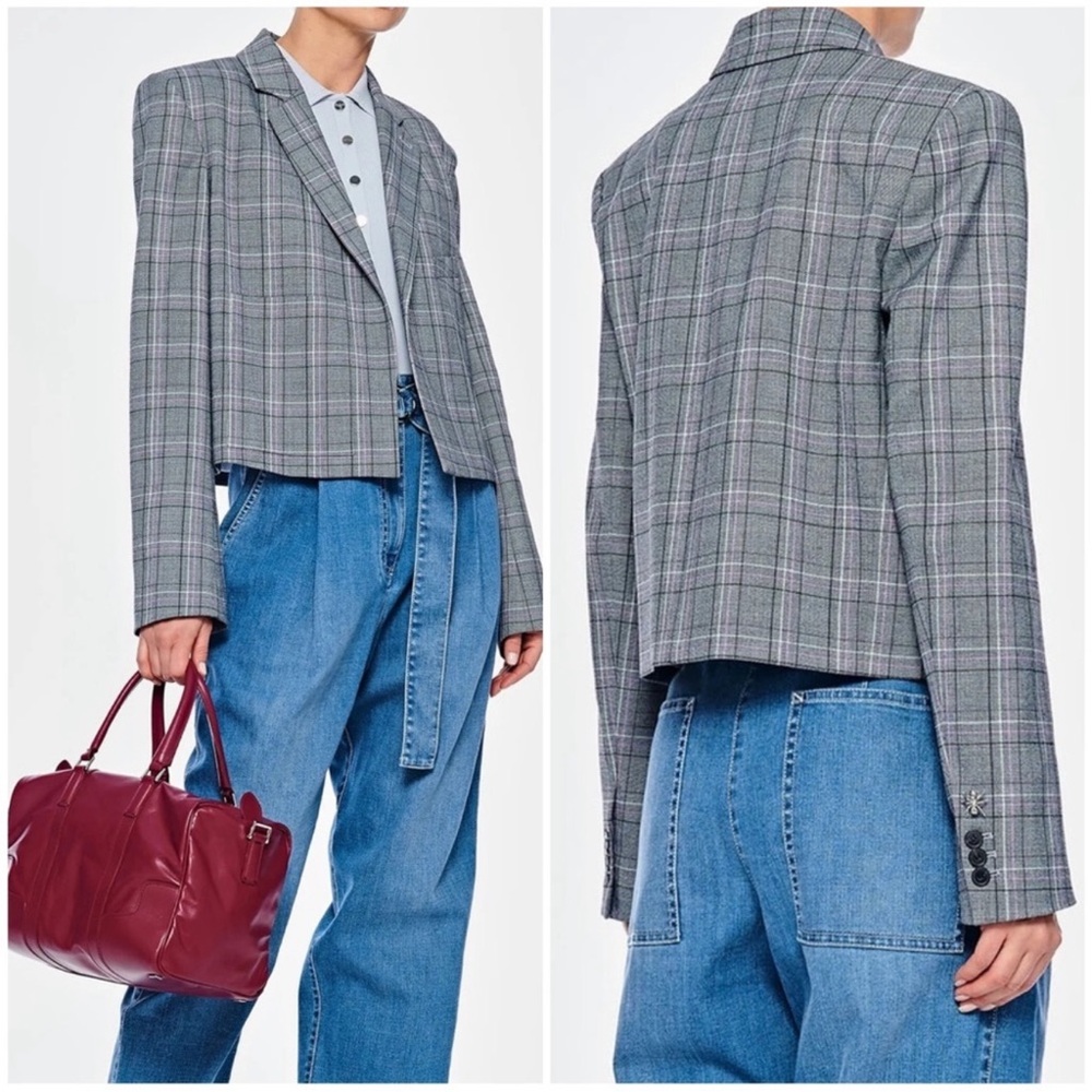 TIBI James Menswear Check Button-Front Cropped Blazer